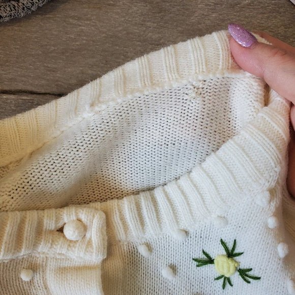 Vintage 60s Ivory‎ Floral Embroidered Popcorn Cardigan Sweater Sz Medium - Picture 6 of 9